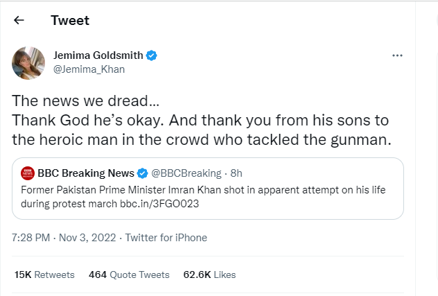 Jemima Goldsmith relieved as ex-husband Imran Khan emerges safe after attack - Jemima Goldsmith active on twitter - Jemima Goldsmith tweet 