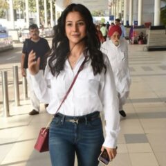Shehnaaz Gill Aces Airport Look In White Shirt & Blue Jeans